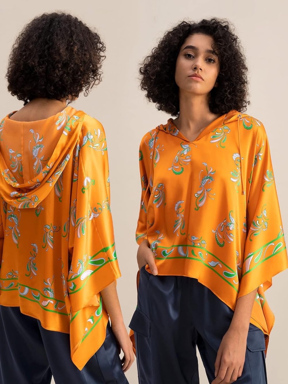 NWT LilySilk 100% Pure Mulberry Silk Hooded Poncho Blouse Orange M L